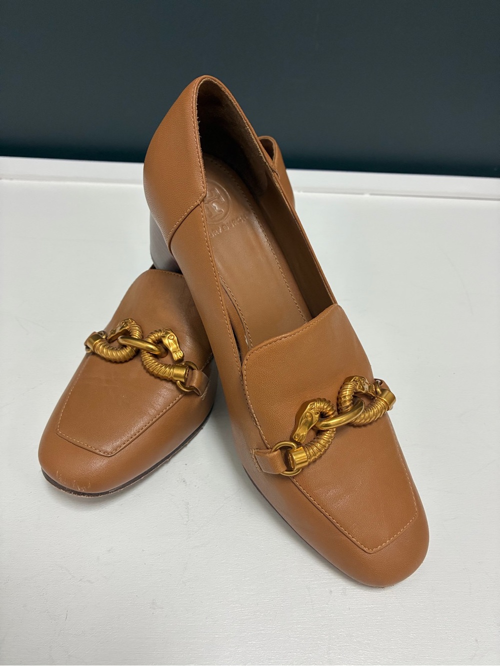 Tory Burch Jessa Tan Leather Block Heel Loafers